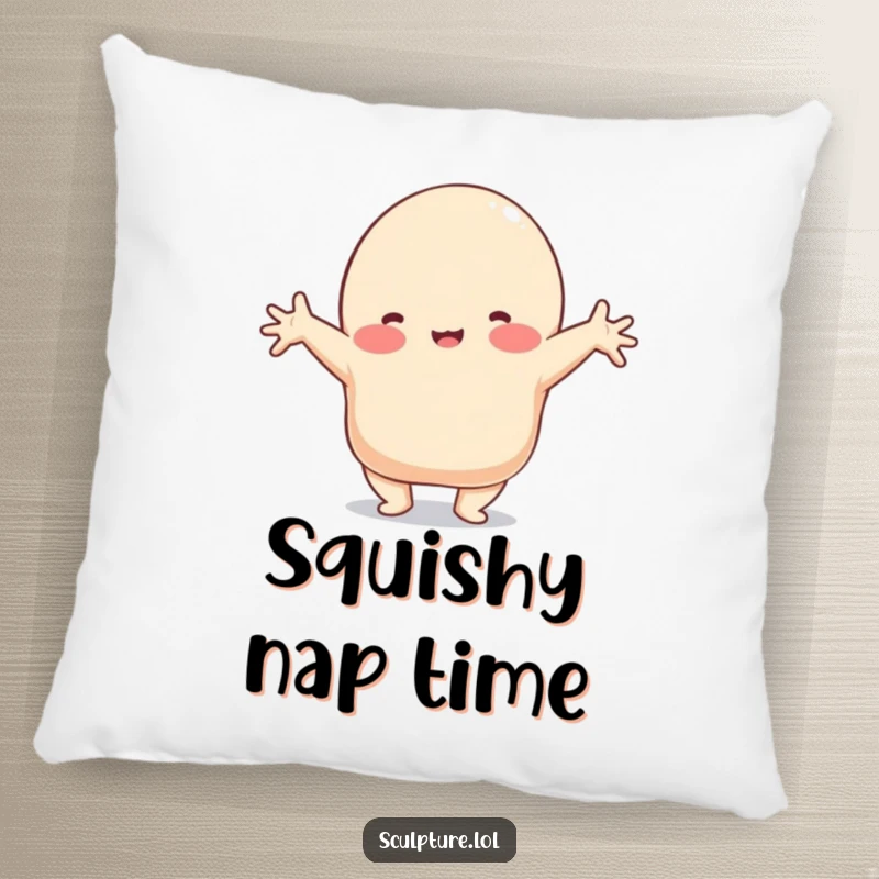 Funny pillow with a playful clay blob character in a stretched, comical shape, offering comfort and humor.
