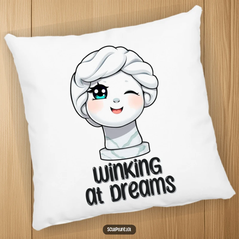 Funny delighted marble statue winking an eye pillow, adding soft comfort and playful artistic humor to any room.