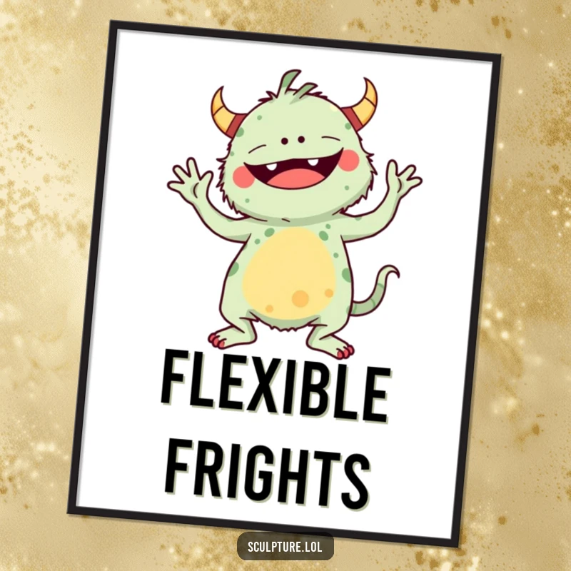 Funny digital art print of a whimsical monster in a comical yoga pose, perfect for walls.