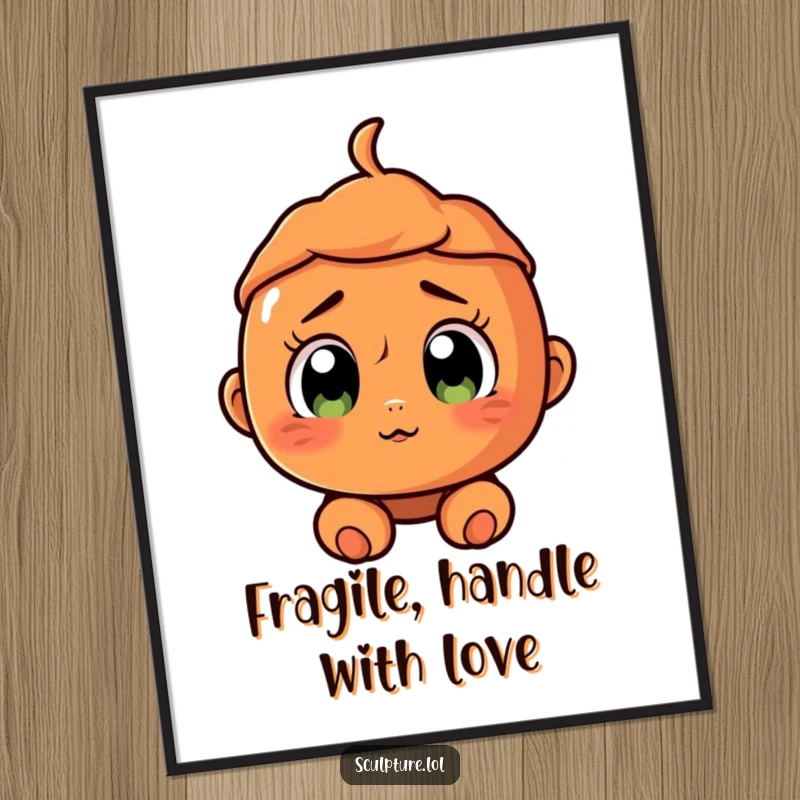 Funny surprised terracotta character digital art print, showcasing a cracked smile and wide eyes for instant humorous decor.