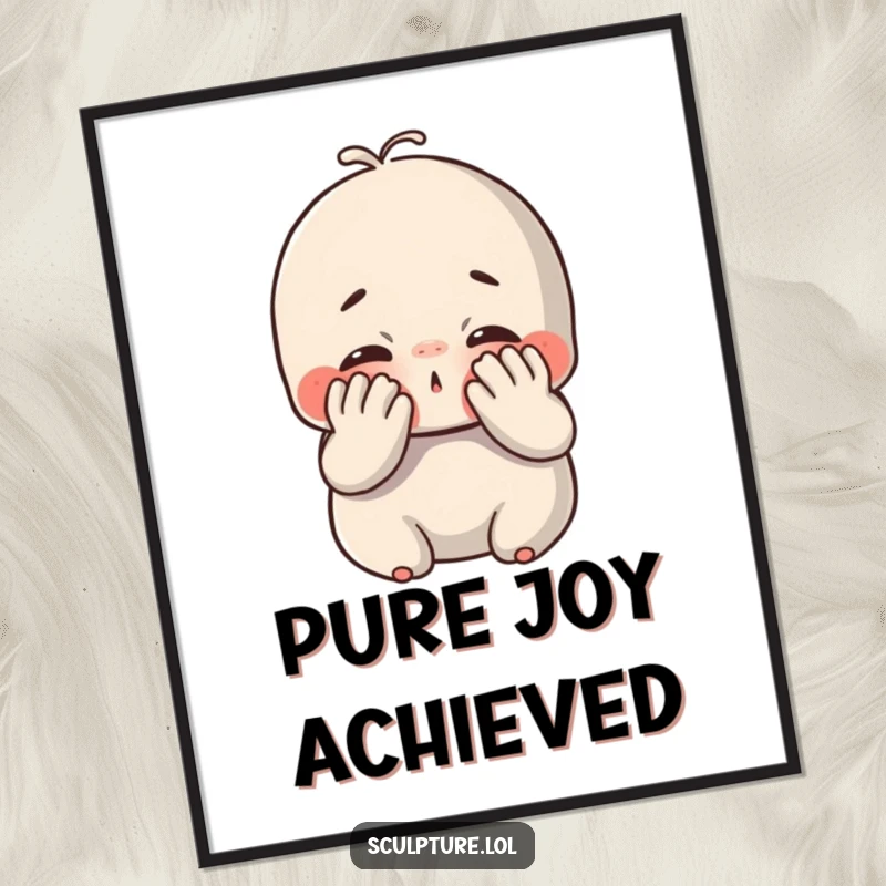 Funny chubby clay digital art print of a cute character joyfully smushing its face with hands, radiating happiness and charm.