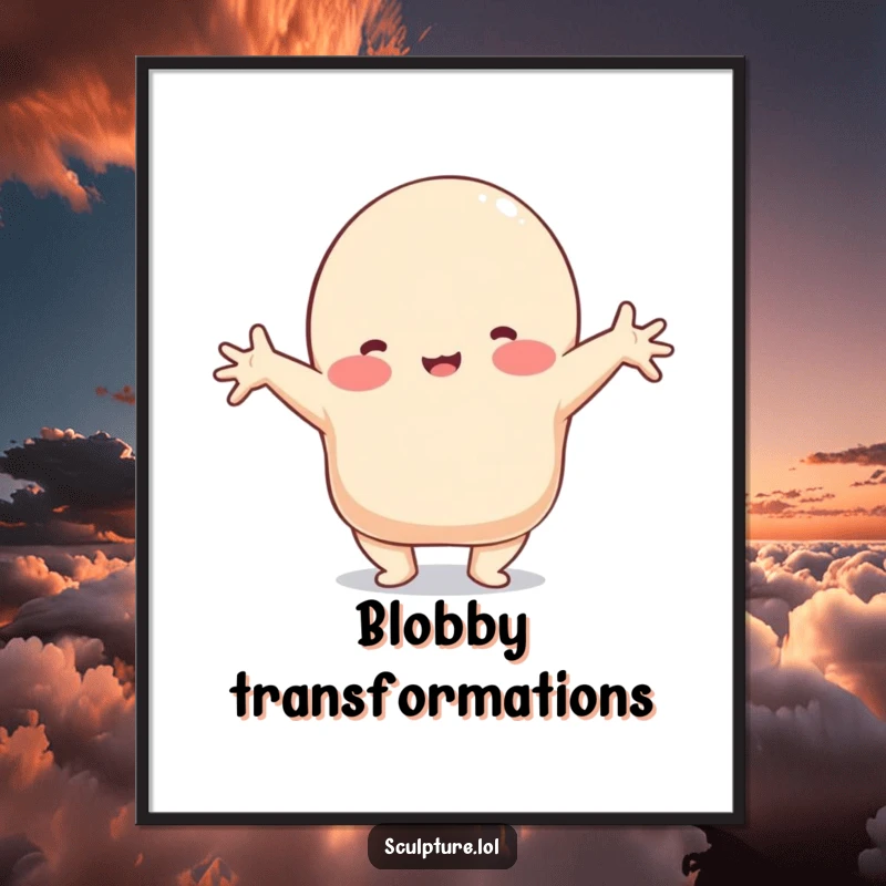 Funny digital art print of a playful clay blob character in a comical stretched shape, perfect for walls.