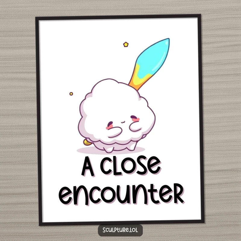 Funny digital art of a fluffy cloud character trying to hug a meteor, perfect for instant download and cosmic, humorous wall decoration.