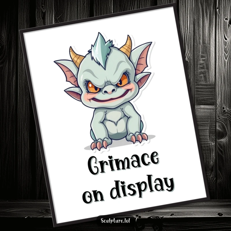 Funny digital art print of a mischievous gargoyle making a funny face, perfect for adding gothic and humorous wall decor.