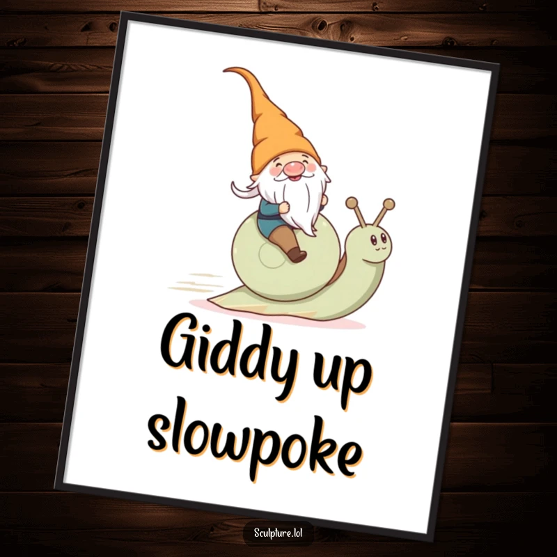Funny gnome gleefully riding a snail, presented as a digital art print for instant download.