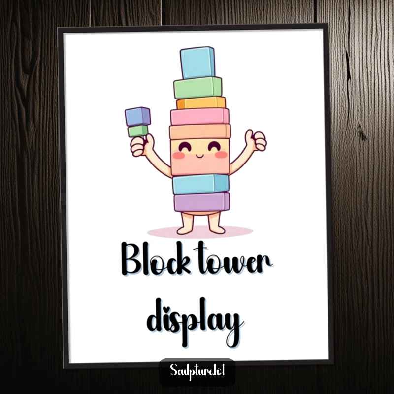 Funny Digital Art Print of a happy character proudly displaying a colorful, wobbly tower of blocks, perfect for instant decor.