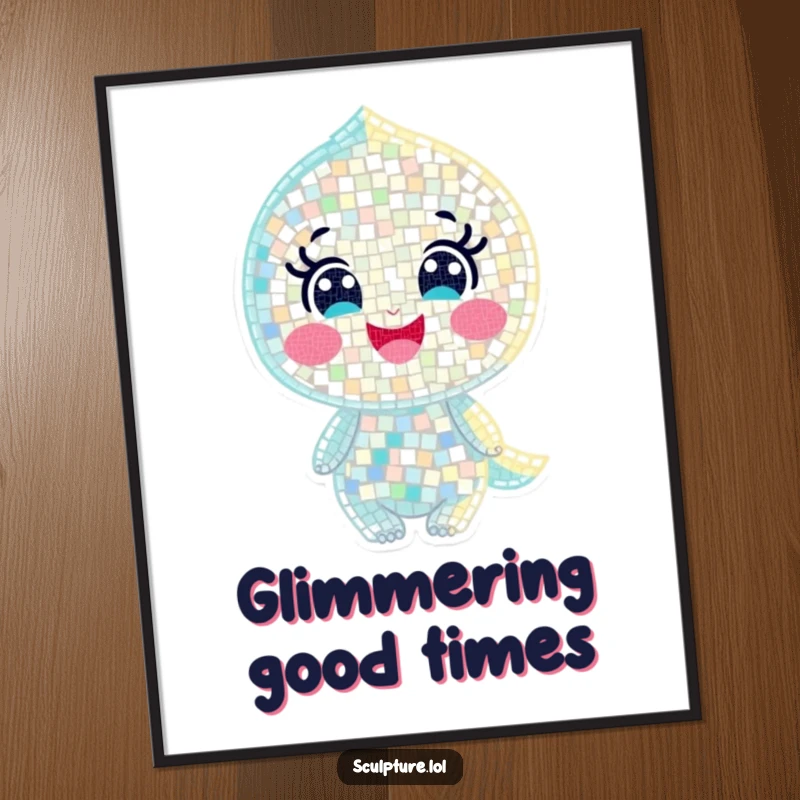 Funny digital art print of a joyful mosaic character made of tiny shimmering pieces, creating instant visual appeal.
