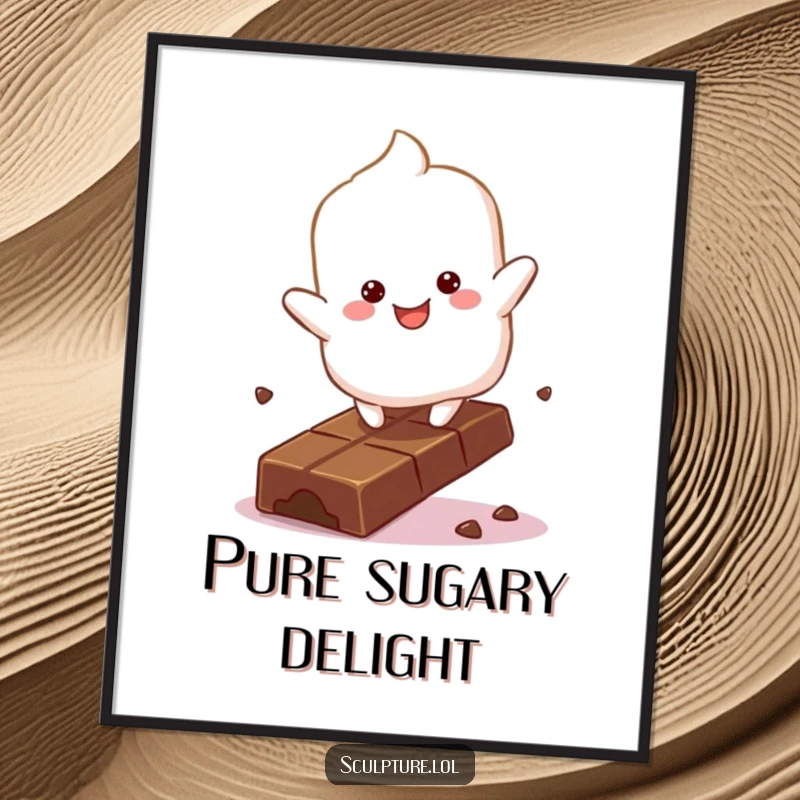 Funny fluffy marshmallow character digital art print bouncing with glee on a chocolate bar, sweet and whimsical.