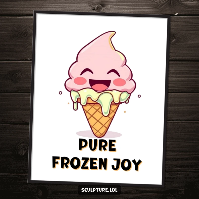 Funny digital art print of a laughing melting ice cream cone character, radiating pure joy and sweetness.