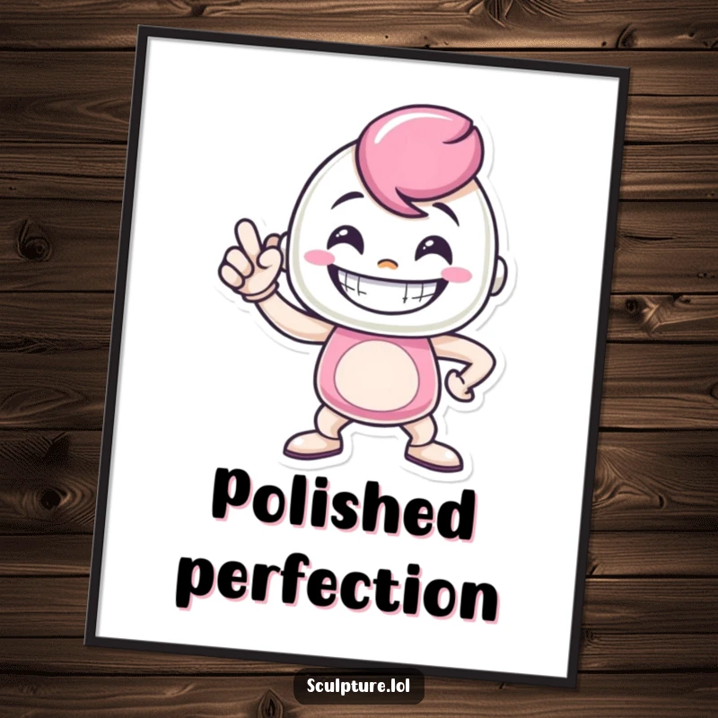 Funny metal casting digital art print of a grinning character striking a proud pose, radiating humorous strength and confidence.