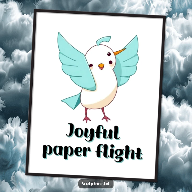 Funny playful origami bird unfolding with joy digital art print, perfect for instant wall decor with cheerful artistic humor.
