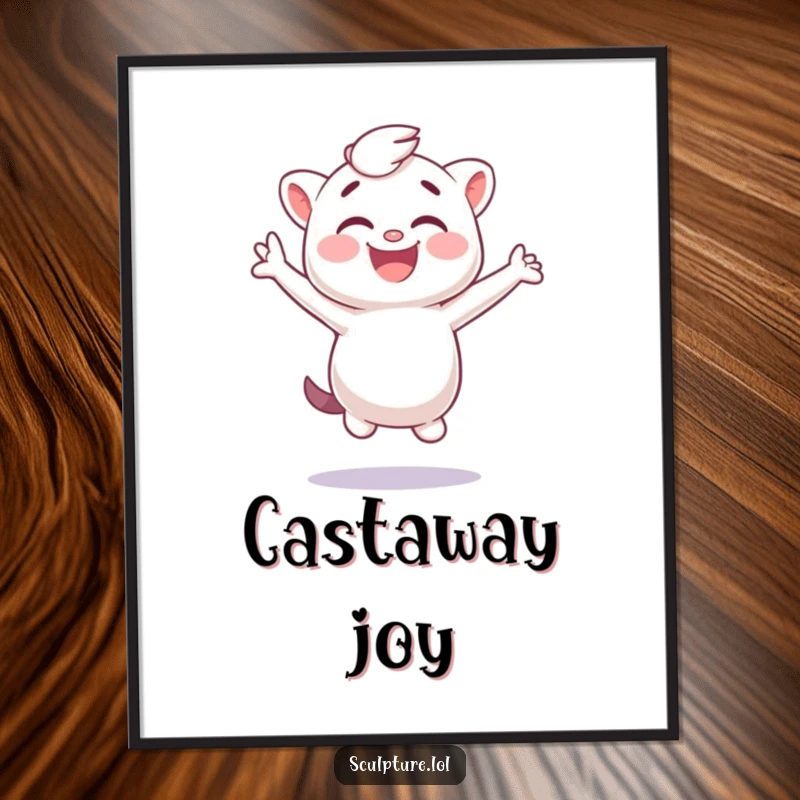 Funny plaster cast digital art print of a giggling character jumping sideways, bringing whimsical humor.