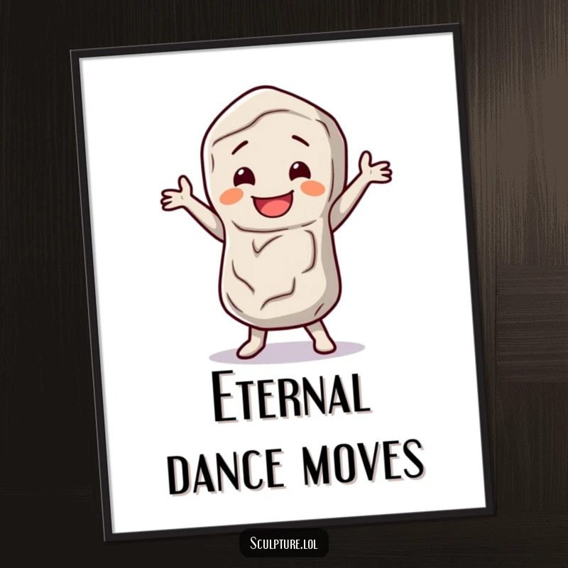 Funny stone figure digital art print of a happy character doing a little dance jig, adding quirky and playful vibes.