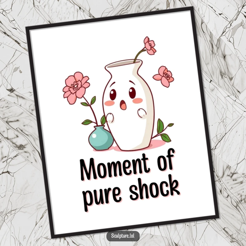 Funny surprised ceramic vase digital art print, depicting a comical leaning vase, perfect for instant humorous wall decor.