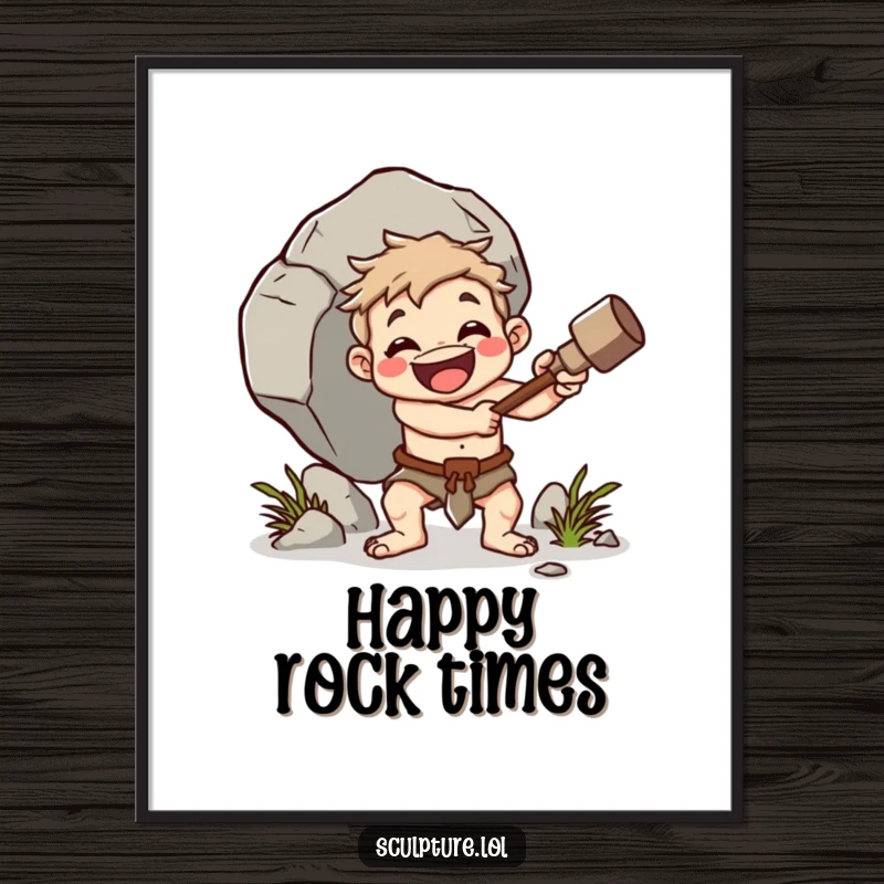 Funny caveman digital art print, cheerful character whacking boulder with club, primitive strength wall decor, bold humor art, perfect funny gift.