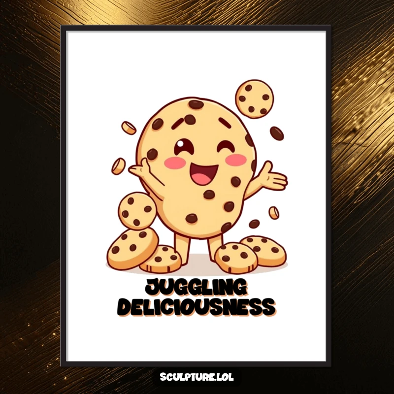 Funny digital art print of a delighted chocolate chip cookie character juggling multiple small cookies, ready to bring sweet charm.