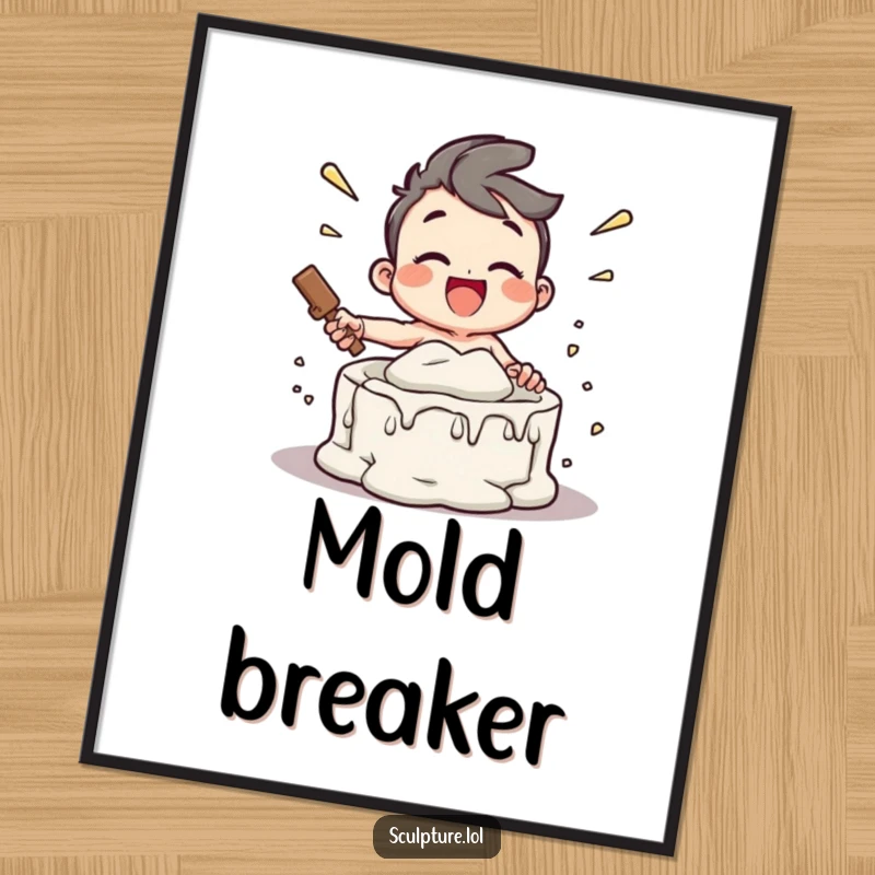 Funny digital art print of a joyful character energetically smashing a plaster mold, perfect for adding a dynamic and humorous vibe to any digital display.