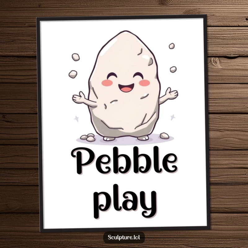Funny digital art print of a smiling rock character juggling pebbles, perfect for walls.