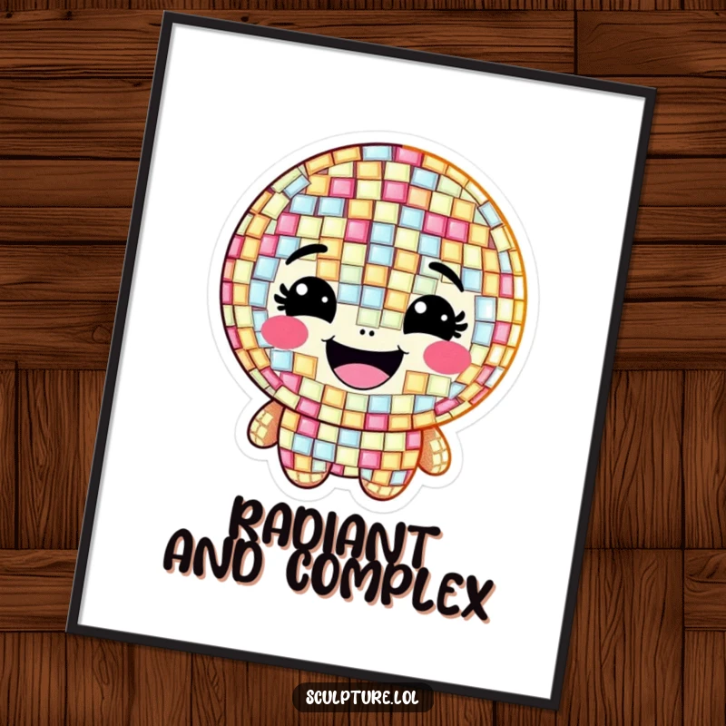 Funny digital art print of a grinning mosaic character made of shimmering, happy tiles, celebrating artistic expression.
