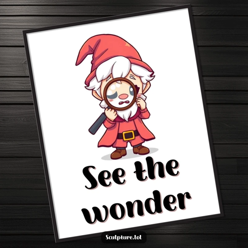 Funny tiny wizard digital art print, curious character looking through magnifying glass, magical exploration wall decor, enchanting art, perfect funny gift.