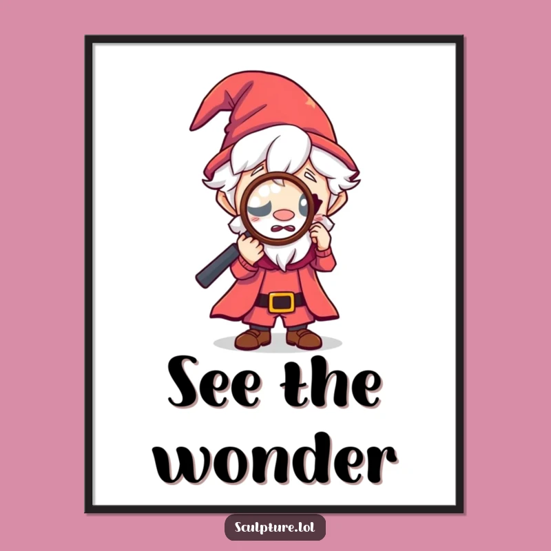 Funny Tiny Wizard Magnifying Digital Art: Curious Magic Decor Gift