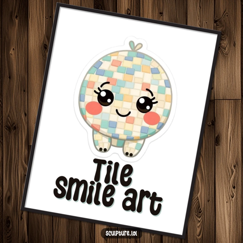 Funny digital art print of a curious mosaic character composed of tiny tiles, its smiling eyes radiating playful wonder and artistic spirit.