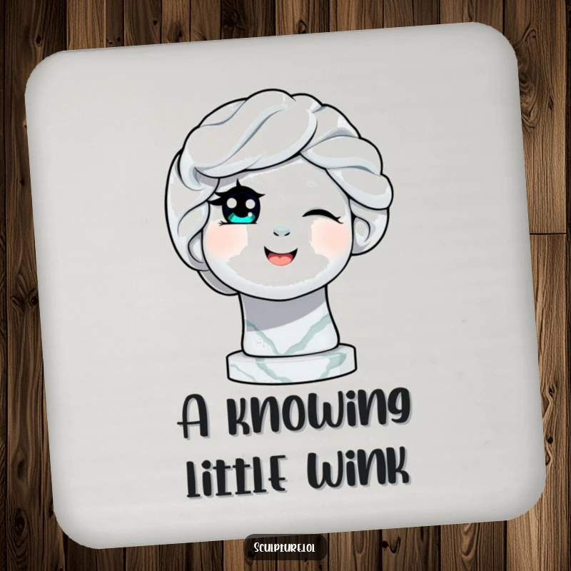 Funny delighted marble statue winking an eye coasters, protecting surfaces with playful artistic humor and charm.
