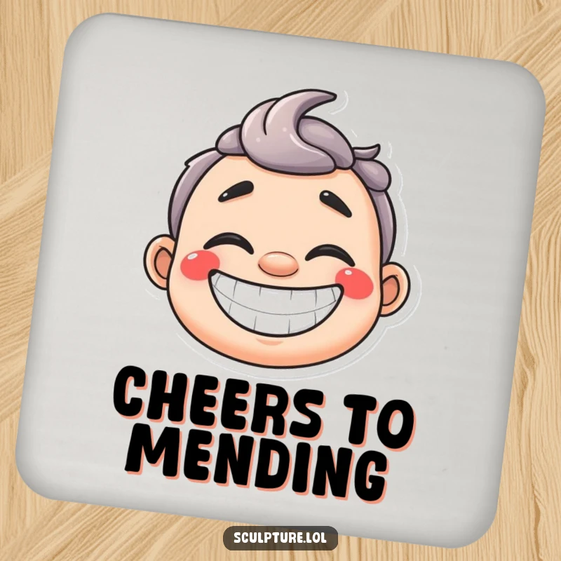 Funny happy plaster cast coasters with a wide grin, providing a humorous and protective touch to surfaces.