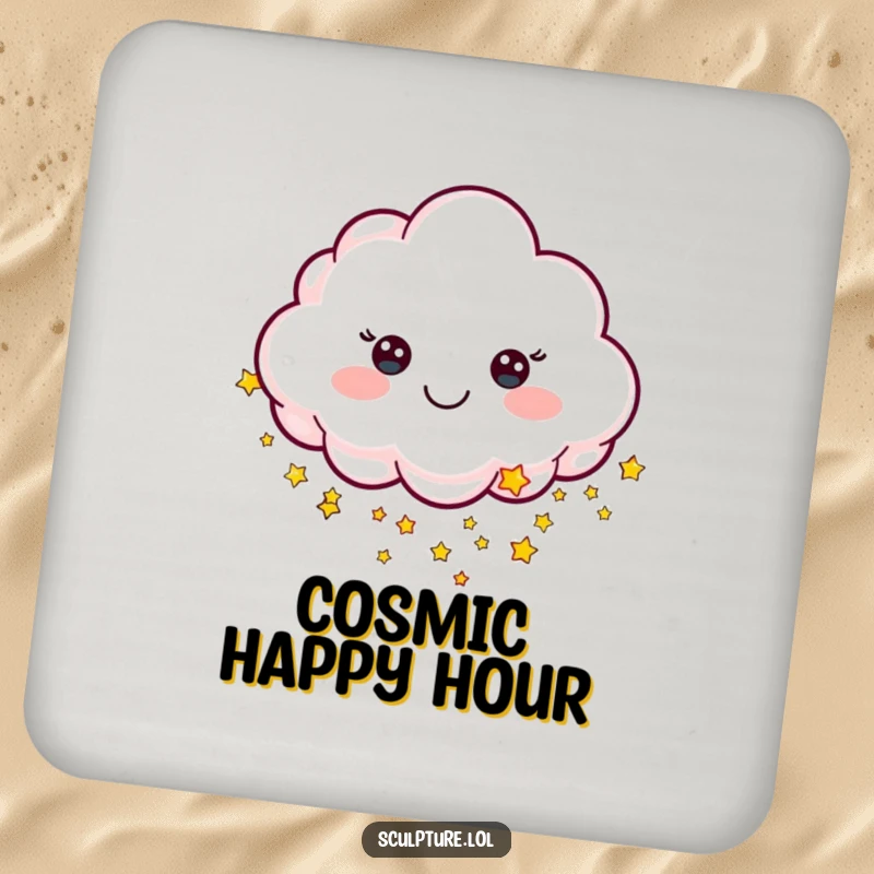 Funny drink coaster featuring a cheerful sculpted cloud character raining tiny stars, adding celestial charm.