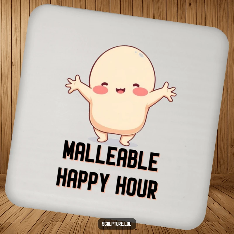 Funny drink coaster with a playful clay blob character in a comical stretched shape, adding humor to tables.