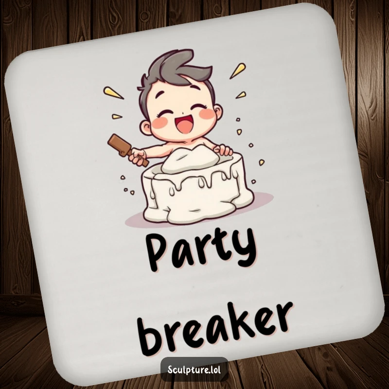 Funny drink coaster featuring a joyful character enthusiastically breaking a plaster mold, protecting surfaces with a vibrant and humorous touch.