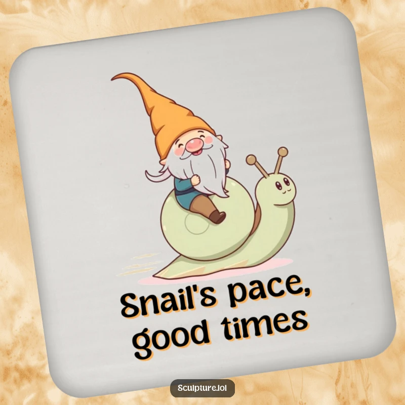 Funny gnome speeding on a snail depicted on a drink coaster, protecting furniture.