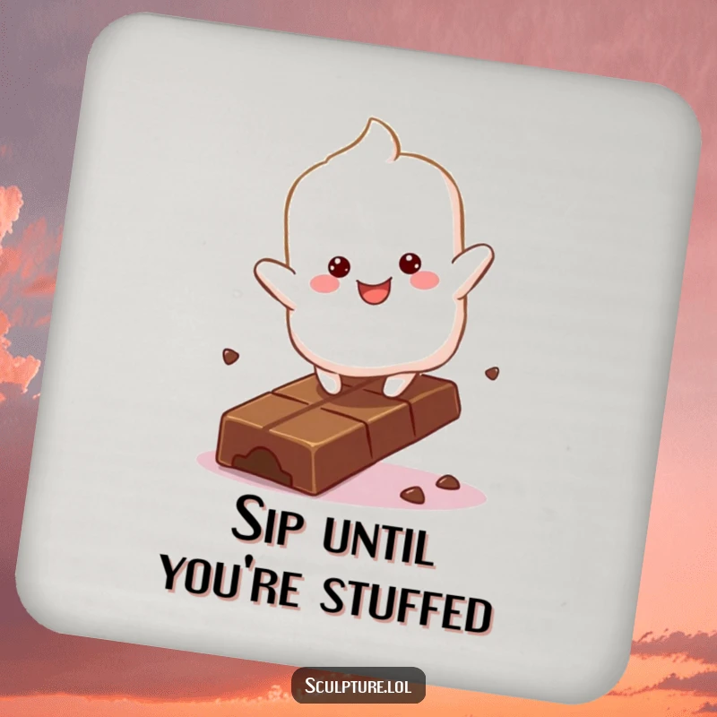 Funny fluffy marshmallow character coaster bouncing with glee on a chocolate bar, protecting surfaces sweetly.