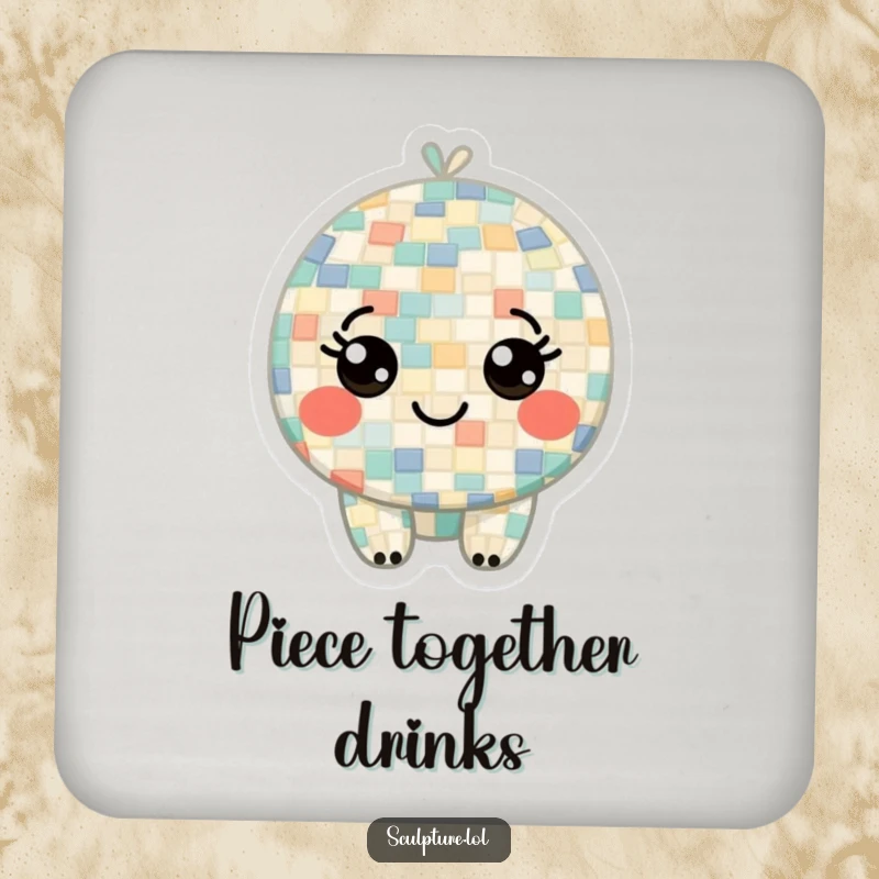 Funny drink coaster designed with a curious mosaic character made of tiny, smiling tiles, conveying artistic charm and playful curiosity.