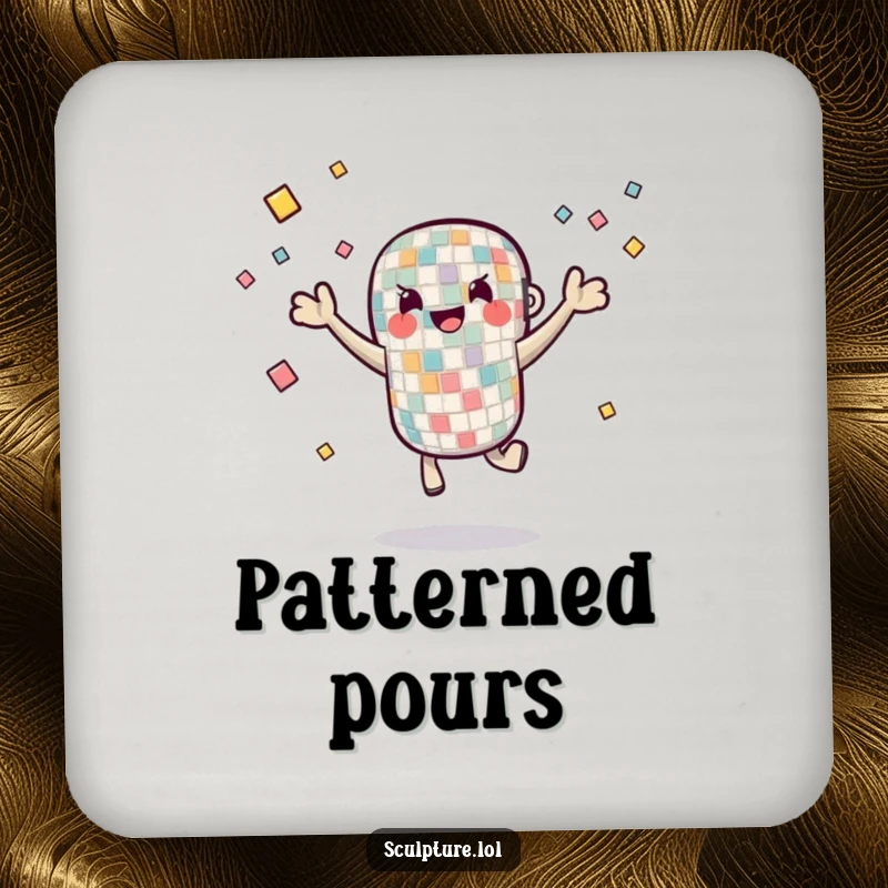 Funny Drink Coasters featuring a mosaic tile character juggling small pieces, protecting surfaces with colorful artistic humor.