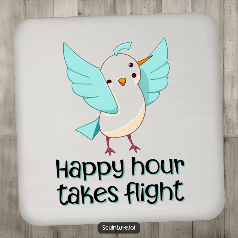 Funny playful origami bird unfolding with joy coasters, protecting surfaces with cheerful artistic humor and charm.
