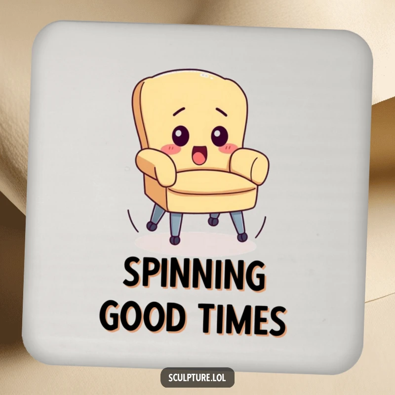 Funny drink coaster with a surprised chair and spinning wheels, offering surface protection with a humorous, uncontrolled theme.
