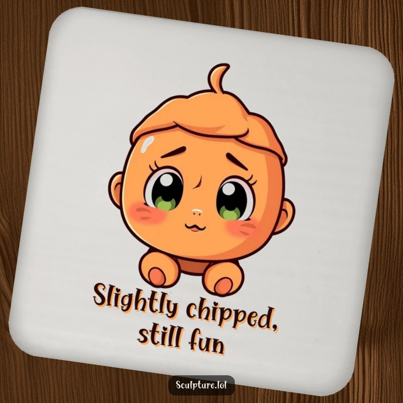 Funny surprised terracotta character drink coaster with a cracked smile and wide eyes, offering humorous surface protection.