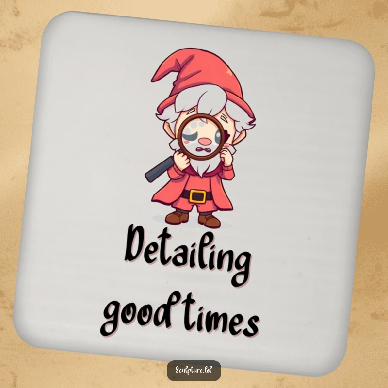 Funny tiny wizard coaster, curious character looking through magnifying glass, magical table protection, whimsical decor accent, perfect funny gift.