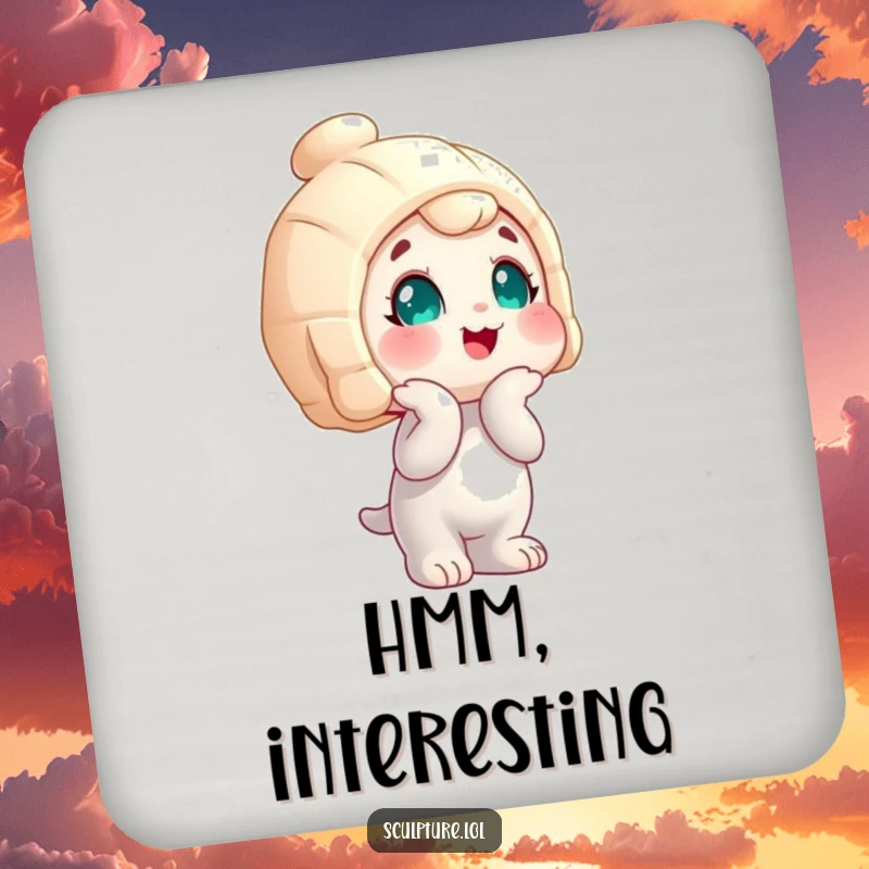 Funny wobbly statue character drink coaster, head tilted curiously, adding a humorous and protective accent to tables.