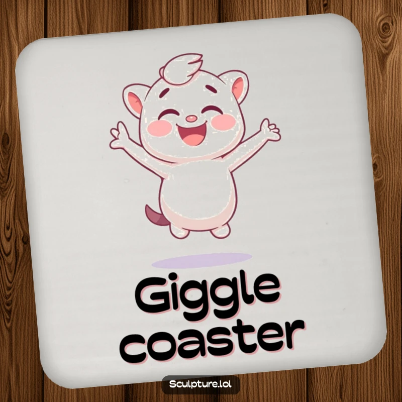 Funny plaster cast coaster showing a giggling character jumping sideways, ideal for surface protection.