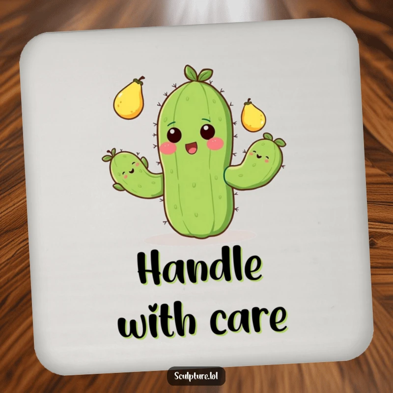 Funny drink coaster showing a cheerful cactus juggling prickly pears, offering surface protection with a humorous design.