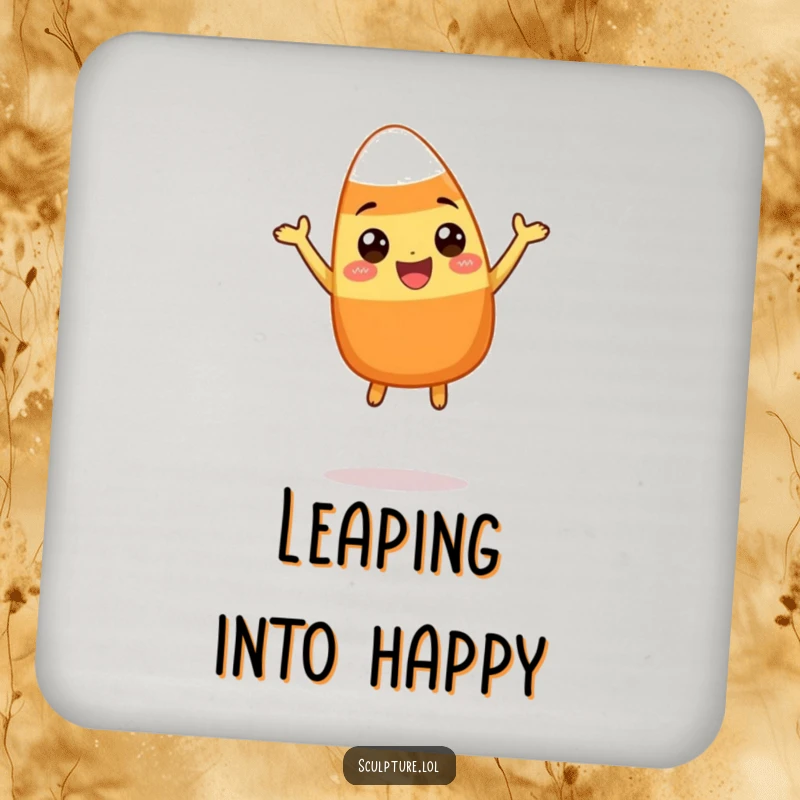 Funny coaster with a happy candy corn character doing a silly leap, safeguarding surfaces with a dose of festive, humorous charm.
