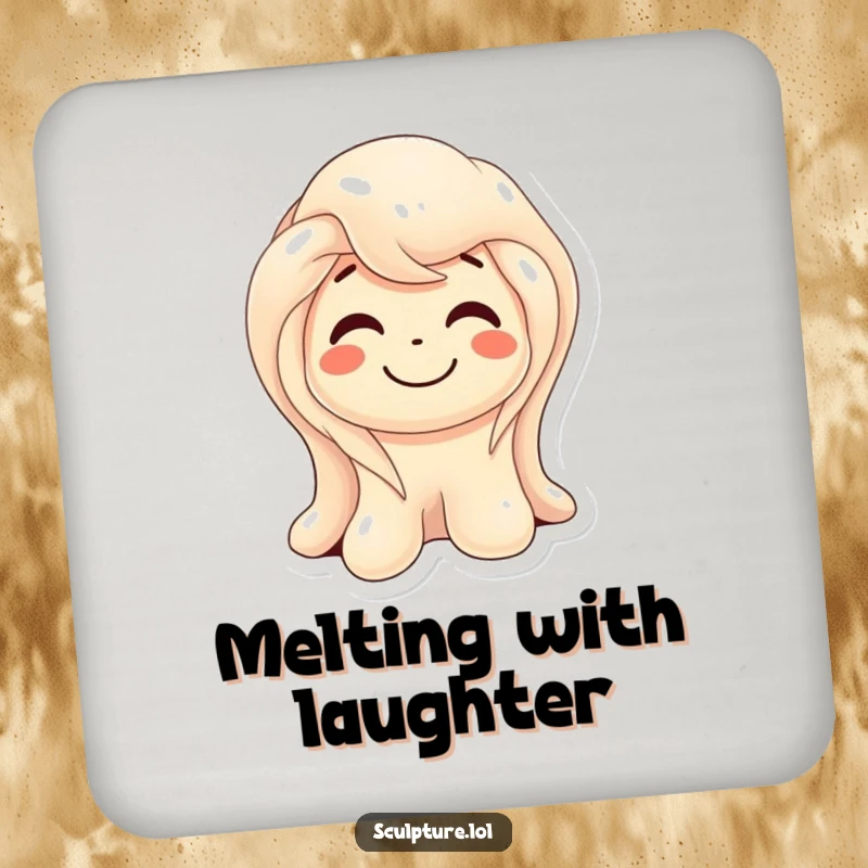 Funny melting wax sculpture coaster depicting a smiling character gently melting, adding artistic flair and surface protection.