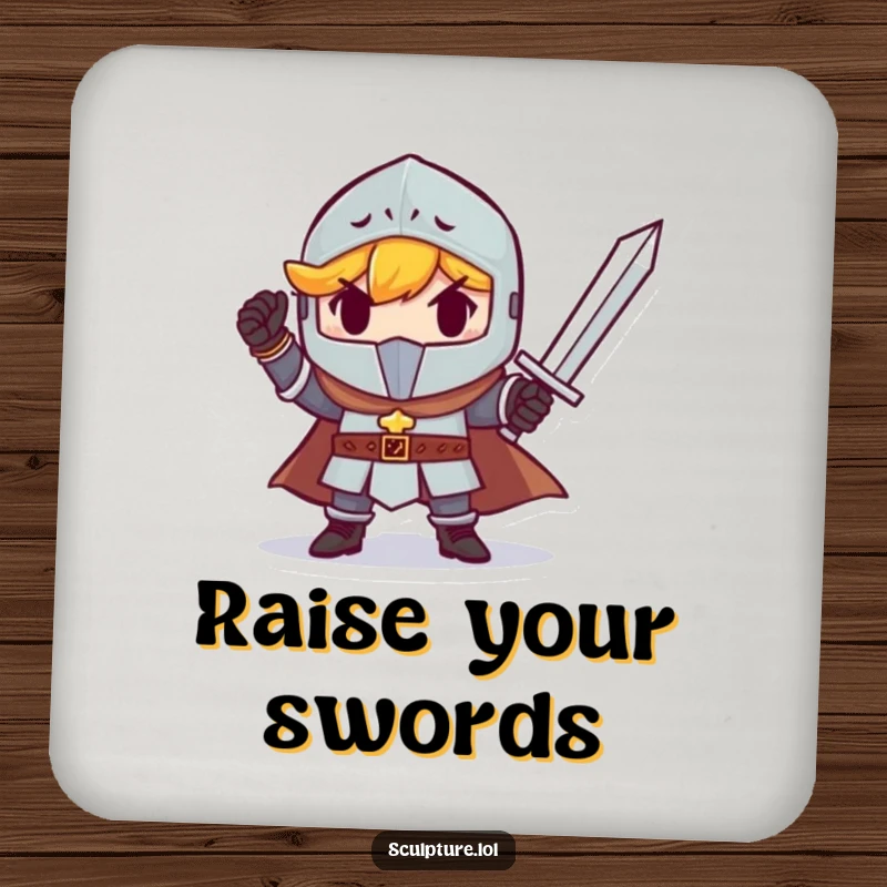 Funny small knight triumphantly holding a tiny sword, protecting surfaces. A humorous and practical drink coaster.