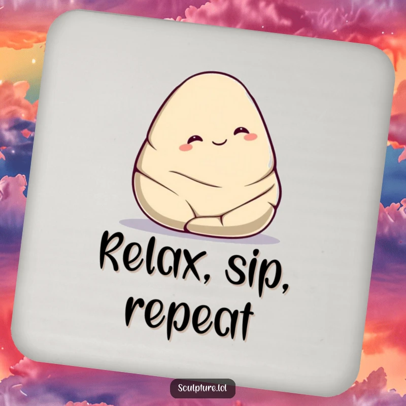 Funny smooth stone coaster featuring a cute character gently rolling downhill with a contented smile, adding humor to drink protection.