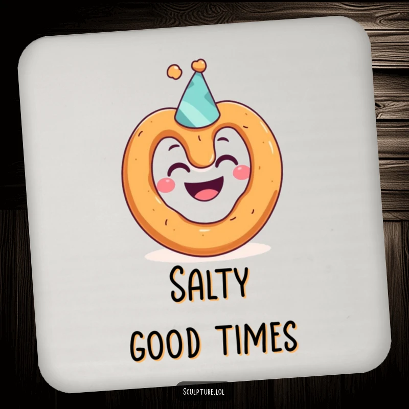Funny drink coaster featuring a grinning pretzel character wearing a tiny party hat, adding a humorous touch to beverage service.