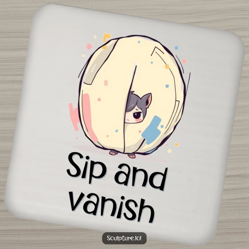 Funny drink coaster featuring a mischievous character hiding behind abstract art, safeguarding surfaces with a humorous and artistic touch.