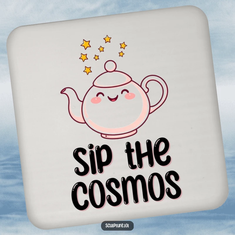 Funny drink coaster with a cheerful teapot pouring a stream of stars, a whimsical addition to any table setting.