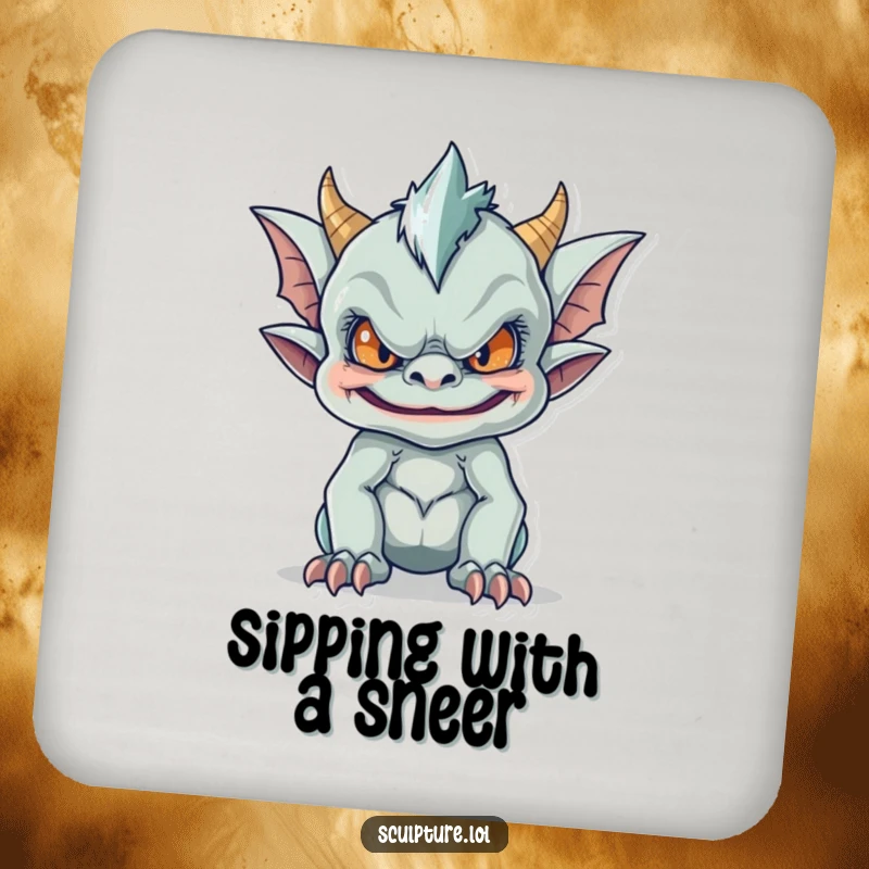 Funny drink coasters featuring a mischievous gargoyle making a funny face, protecting surfaces with a gothic and humorous touch.